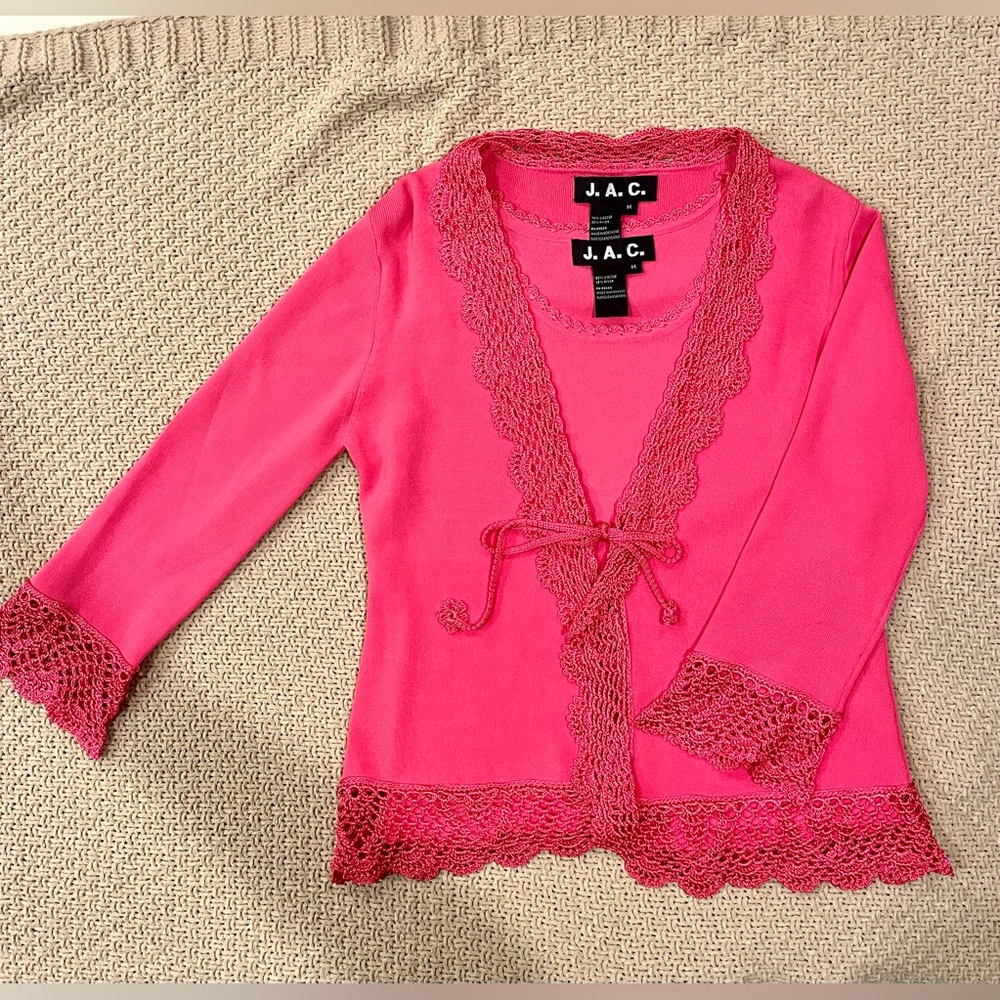 J.A.C. Pink Lace Trim Twinset Cardigan & Tank Y2K Coquette NWOT - Picture 3 of 4